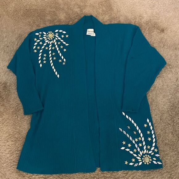 Vintage Rib Knit Rhinestone Embellished Shawl Collar Open Cardigan size OS Retro - Picture 6 of 12